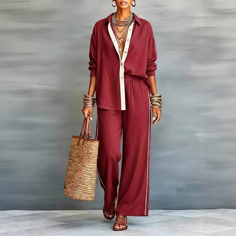 Women's Contrast-Color Casual Loose Pants Two-Piece Set | Comfy thumbnail 1