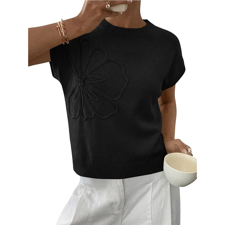 Jacquard Womens Knitted Short-Sleeve Flower Sweater | Soft Casual Top thumbnail 8