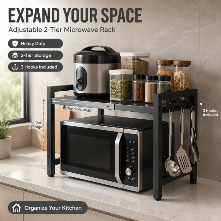 Black Extendable Kitchen Storage Rack with 6 Hooks | Home & Kitchen thumbnail 5