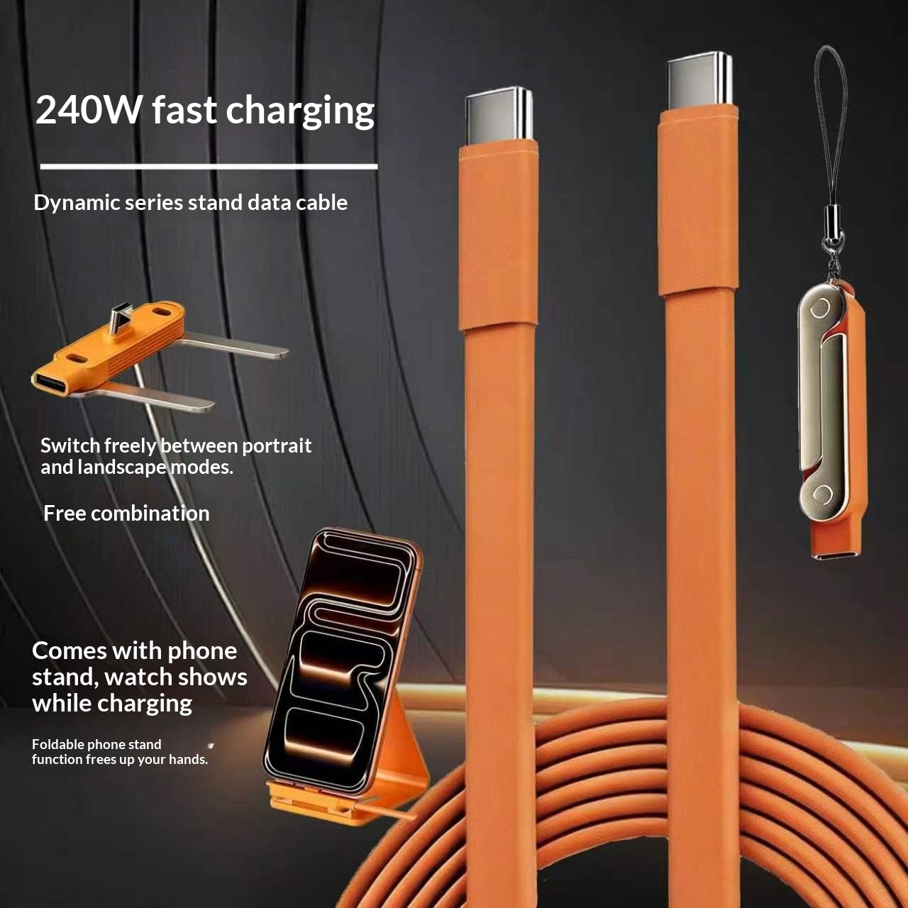 240W Dual Type-C Silicone Charging Cable with Foldable Phone Stand
